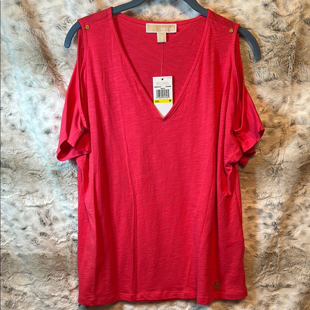 Michael Kors Relaxed Coral Cold Shoulder Cut Out Blouse M NWT